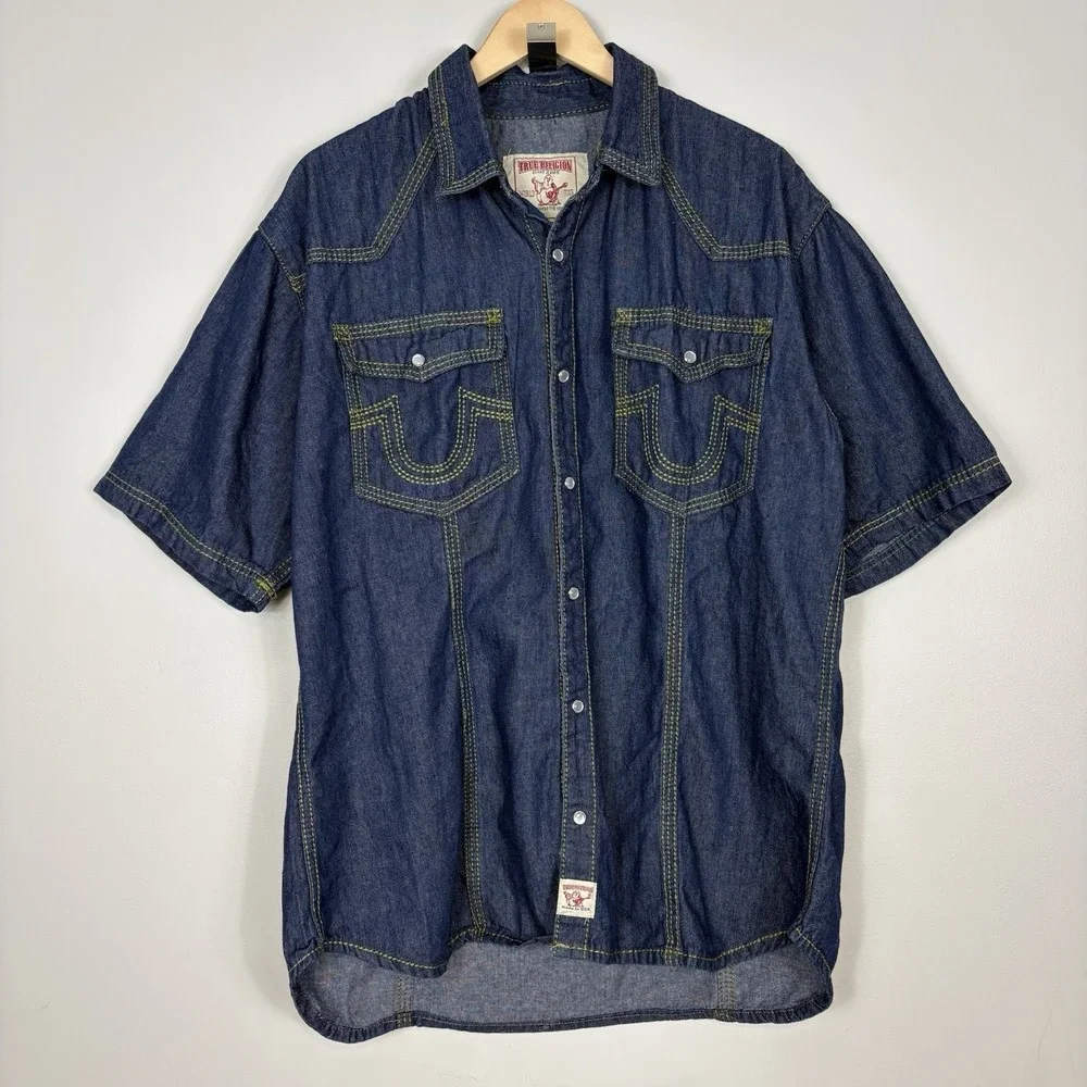 Vtg Y2K True Religion Joey Denim Western Shirt Sz XXXL Pearl Snap Short Sleeve
